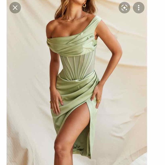 House of CB Dresses & Skirts - House of CB 'Lulu' Pistachio Asymmetric Drape Midi Corset Dress